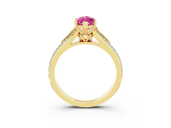 Yellow gold Marquise Cut Pink Sapphire Split Shank Engagement Ring with Pavé Band