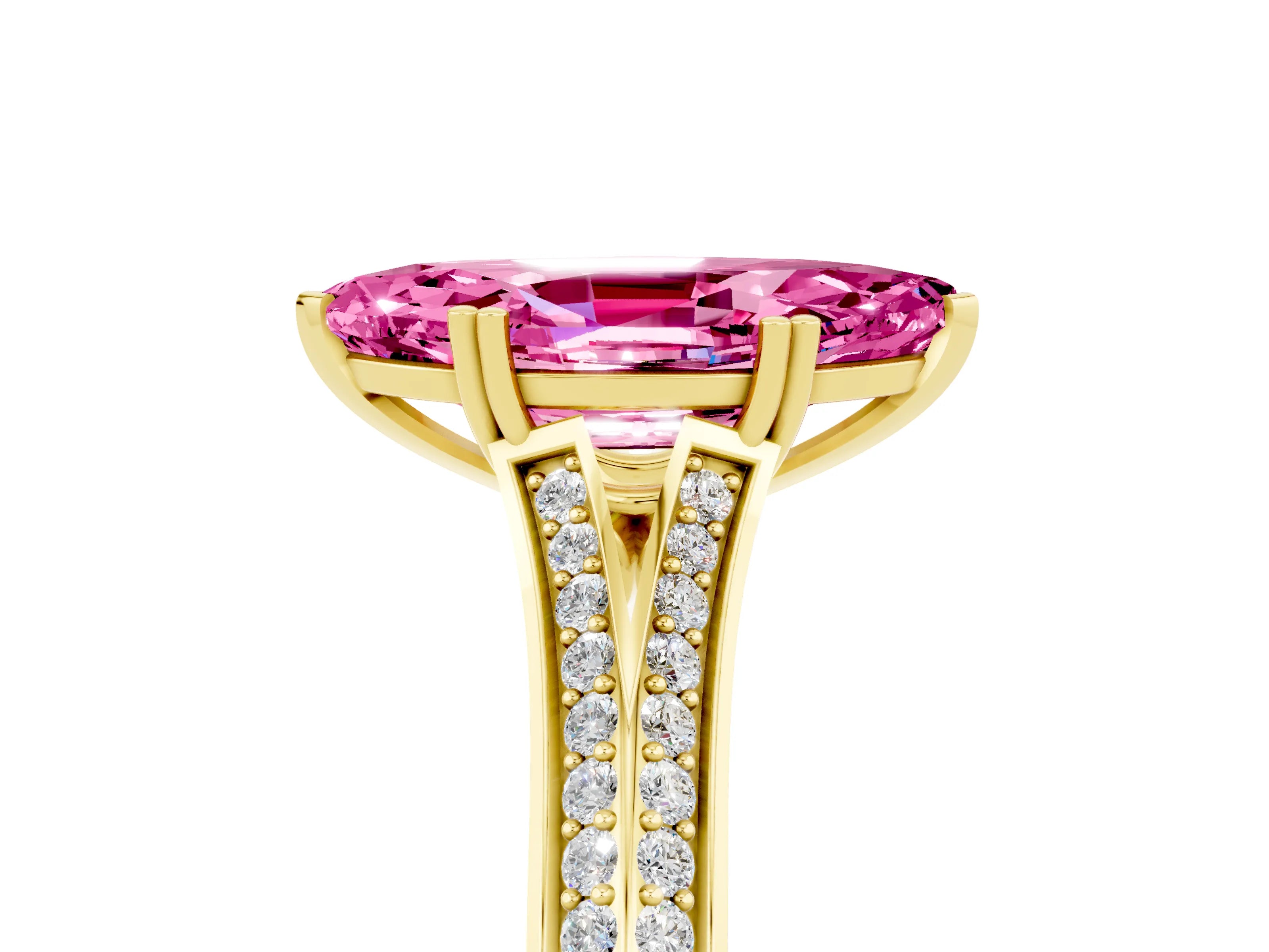 Yellow gold Marquise Cut Pink Sapphire Split Shank Engagement Ring with Pavé Band_29