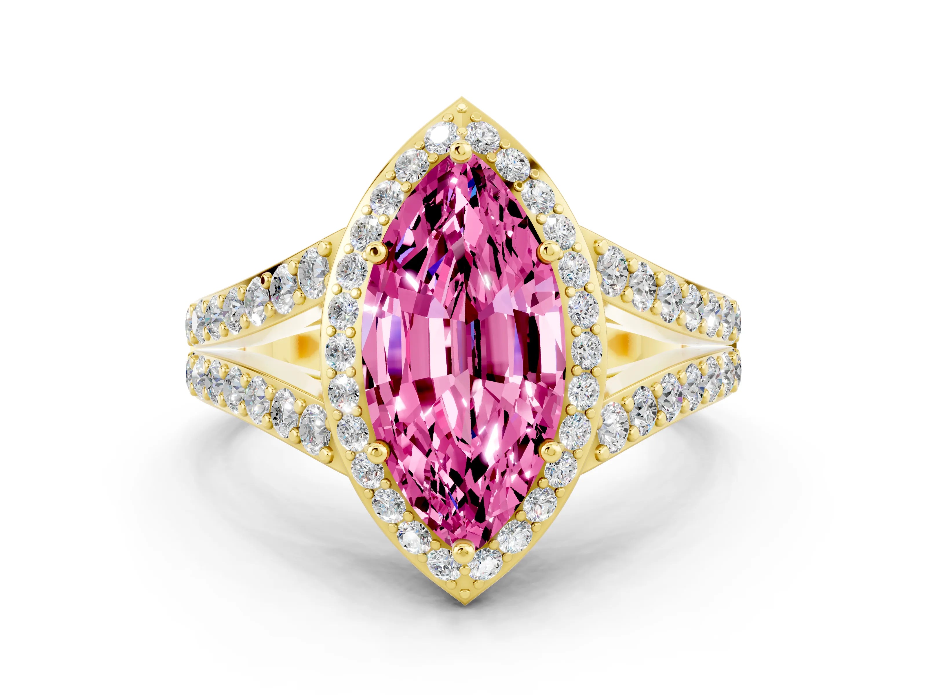 Yellow gold Marquise Cut Pink Sapphire Split Shank Halo Ring with Four-Prong Setting_12