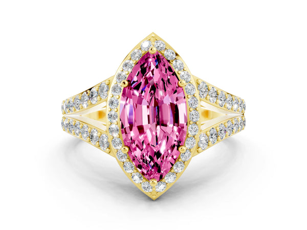 Yellow gold Marquise Cut Pink Sapphire Split Shank Halo Ring with Four-Prong Setting