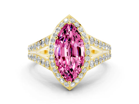 Yellow gold Marquise Cut Pink Sapphire Split Shank Halo Ring with Four-Prong Setting_12