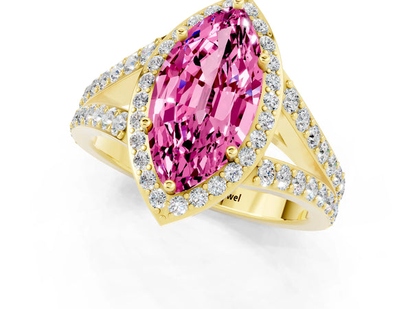 Yellow gold Marquise Cut Pink Sapphire Split Shank Halo Ring with Four-Prong Setting