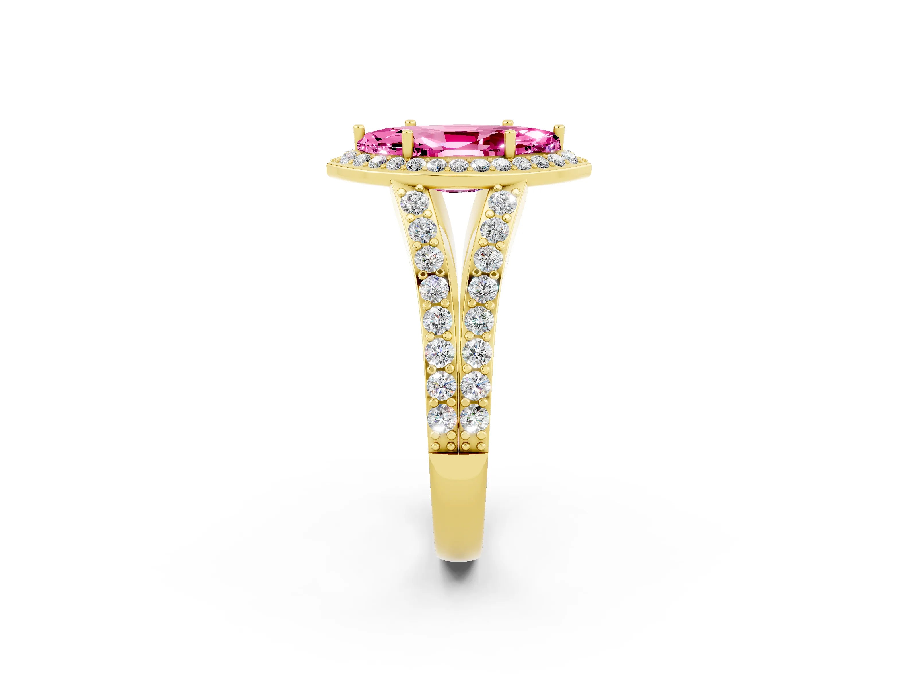 Yellow gold Marquise Cut Pink Sapphire Split Shank Halo Ring with Four-Prong Setting_14