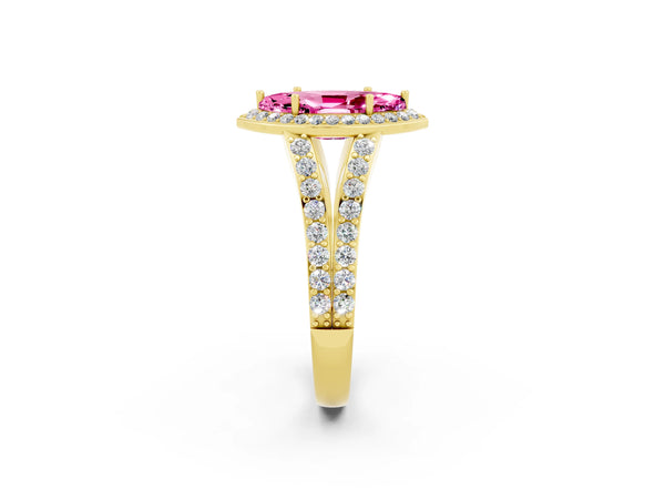 Yellow gold Marquise Cut Pink Sapphire Split Shank Halo Ring with Four-Prong Setting
