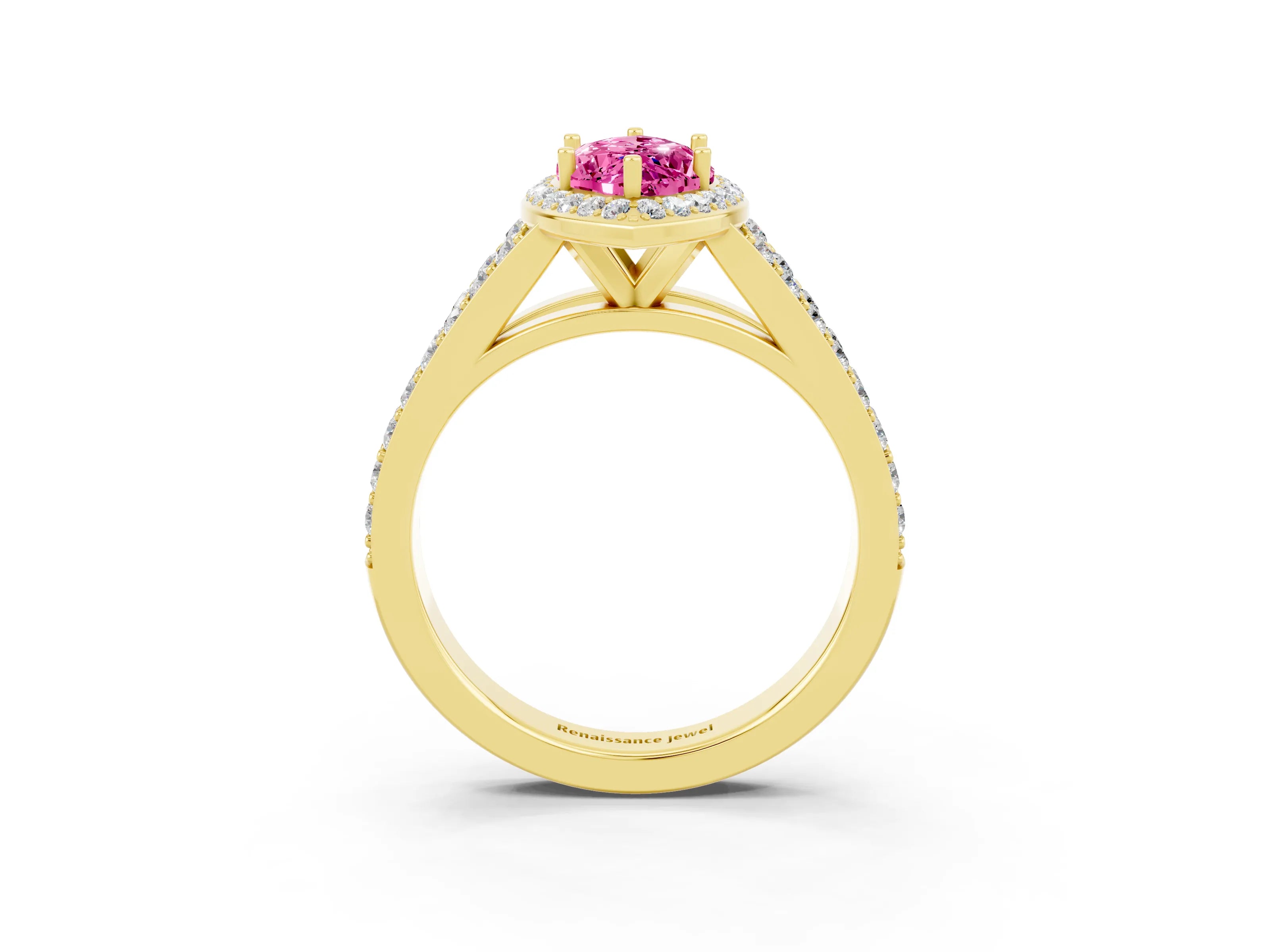 Yellow gold Marquise Cut Pink Sapphire Split Shank Halo Ring with Four-Prong Setting_15