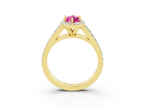 Yellow gold Marquise Cut Pink Sapphire Split Shank Halo Ring with Four-Prong Setting