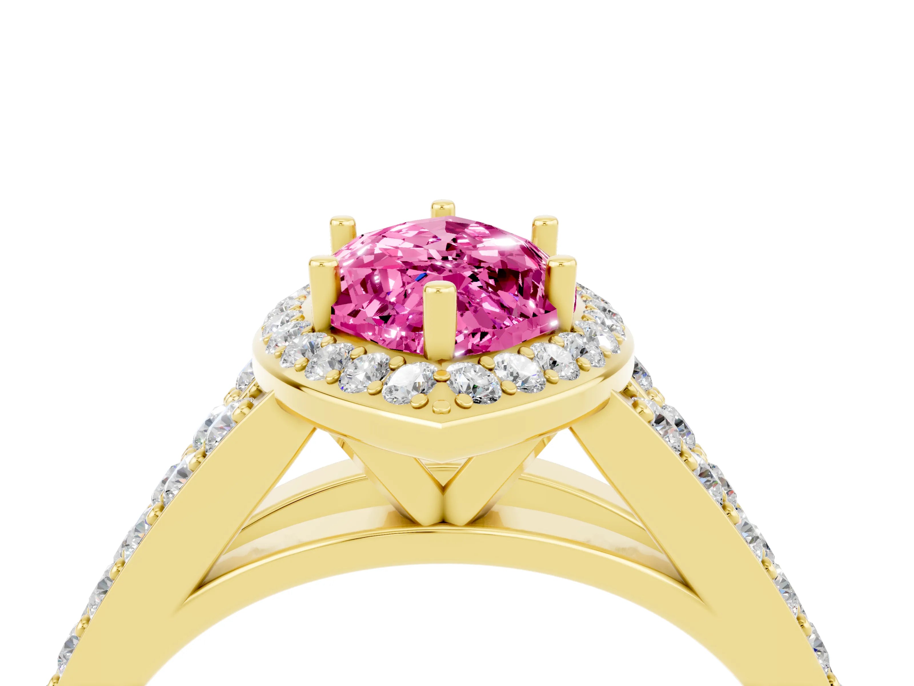 Yellow gold Marquise Cut Pink Sapphire Split Shank Halo Ring with Four-Prong Setting_16