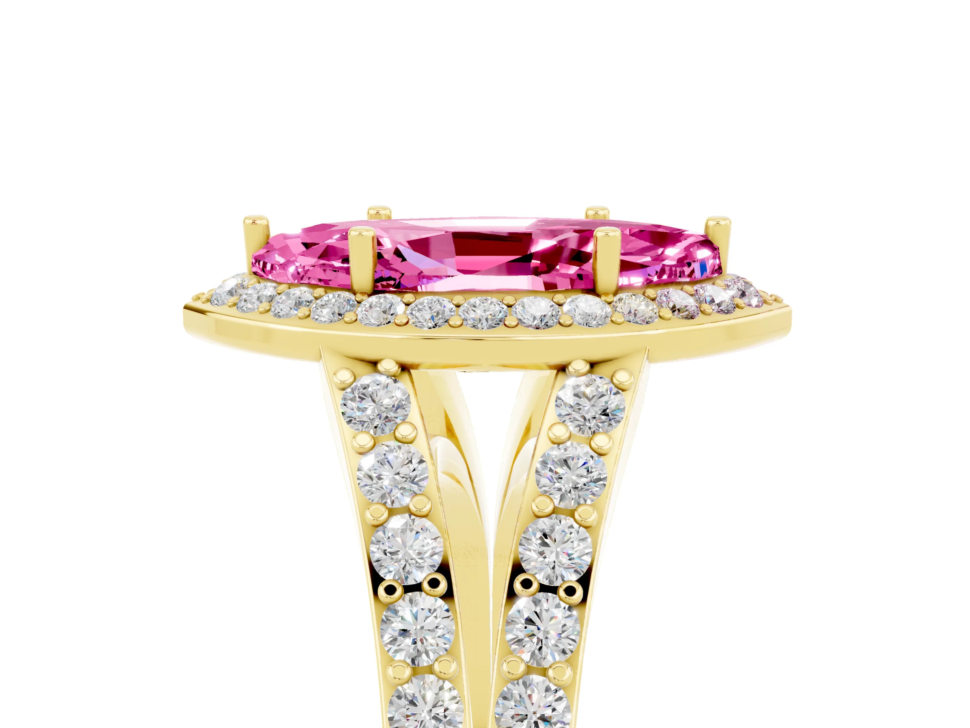 Yellow gold Marquise Cut Pink Sapphire Split Shank Halo Ring with Four-Prong Setting_17