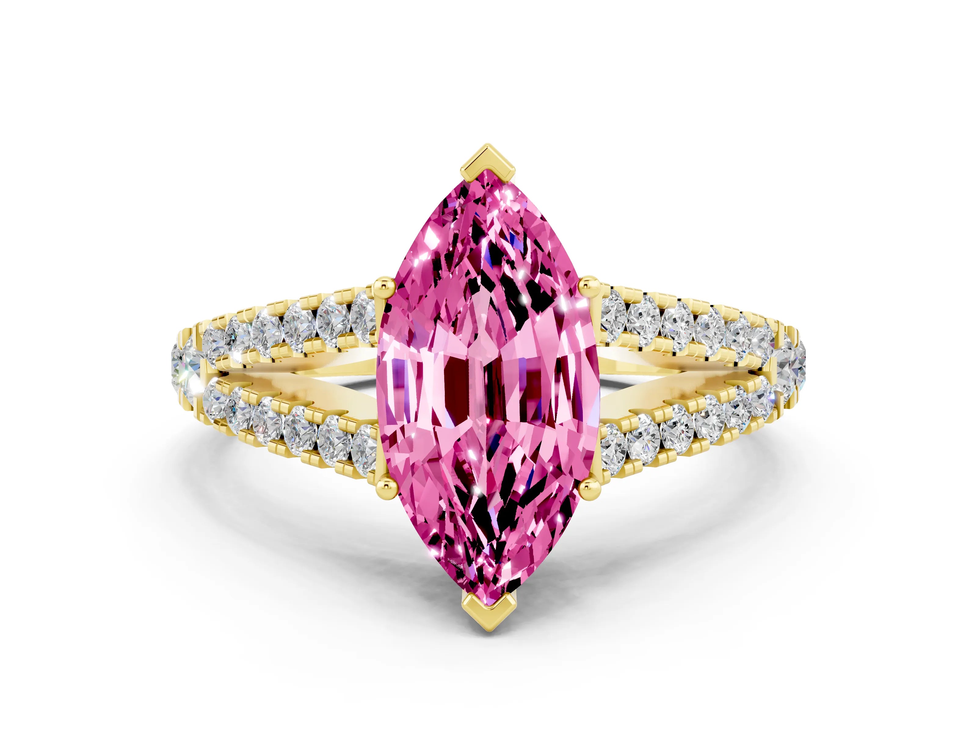 Yellow gold Marquise Cut Pink Sapphire Split Shank Pavé Engagement Ring with Four-Prong Setting_12