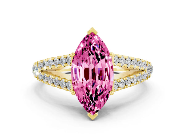 Yellow gold Marquise Cut Pink Sapphire Split Shank Pavé Engagement Ring with Four-Prong Setting