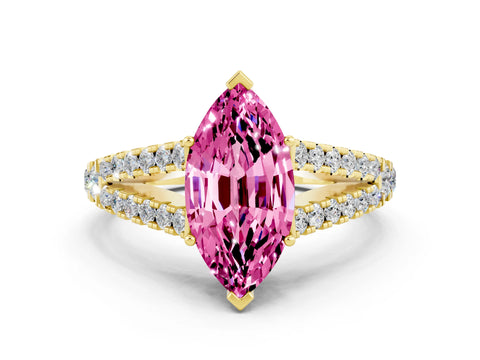 Yellow gold Marquise Cut Pink Sapphire Split Shank Pavé Engagement Ring with Four-Prong Setting_12