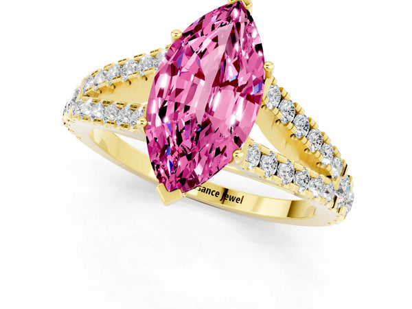 Yellow gold Marquise Cut Pink Sapphire Split Shank Pavé Engagement Ring with Four-Prong Setting