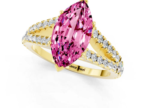 Yellow gold Marquise Cut Pink Sapphire Split Shank Pavé Engagement Ring with Four-Prong Setting_13