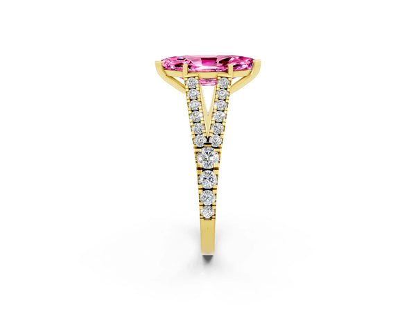Yellow gold Marquise Cut Pink Sapphire Split Shank Pavé Engagement Ring with Four-Prong Setting