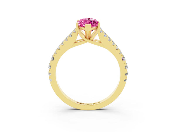 Yellow gold Marquise Cut Pink Sapphire Split Shank Pavé Engagement Ring with Four-Prong Setting