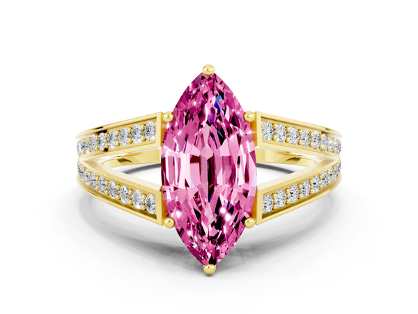 Yellow gold Marquise Cut Pink Sapphire Split Shank Ring with Pavé Band and Four-Prong Setting
