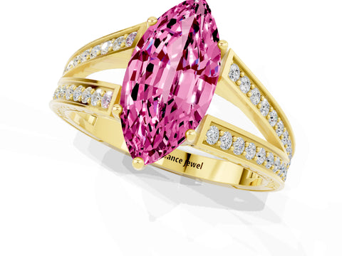 Yellow gold Marquise Cut Pink Sapphire Split Shank Ring with Pavé Band and Four-Prong Setting_1