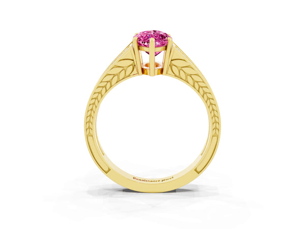 Yellow gold Marquise Cut Pink Sapphire Split Shank Ring with Pavé Band and Four-Prong Setting