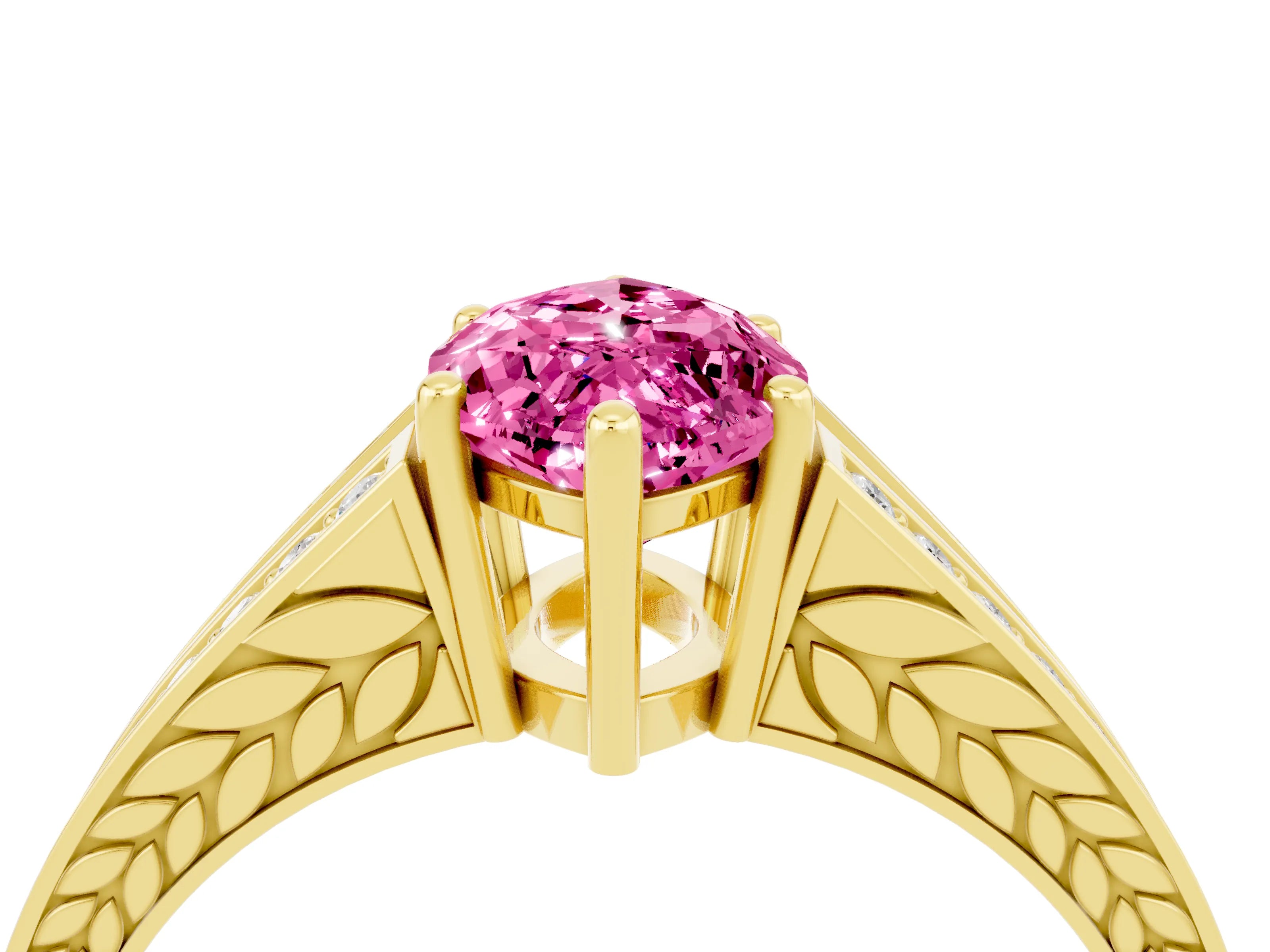 Yellow gold Marquise Cut Pink Sapphire Split Shank Ring with Pavé Band and Four-Prong Setting_4