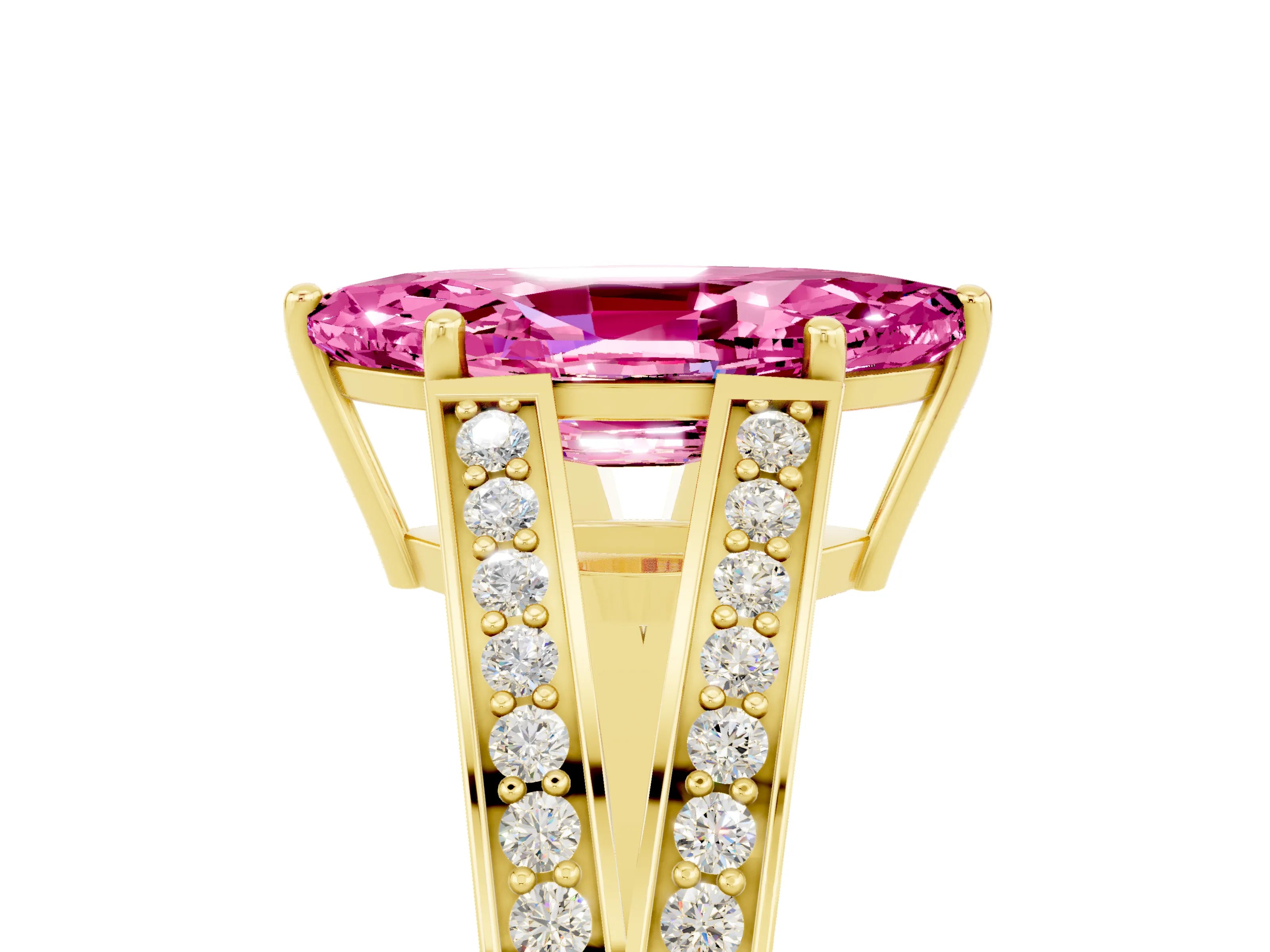 Yellow gold Marquise Cut Pink Sapphire Split Shank Ring with Pavé Band and Four-Prong Setting_5