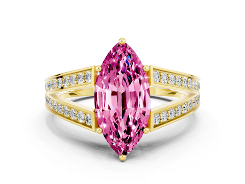 Yellow gold Marquise Cut Pink Sapphire Split Shank Ring with Pavé Band and Four-Prong Setting