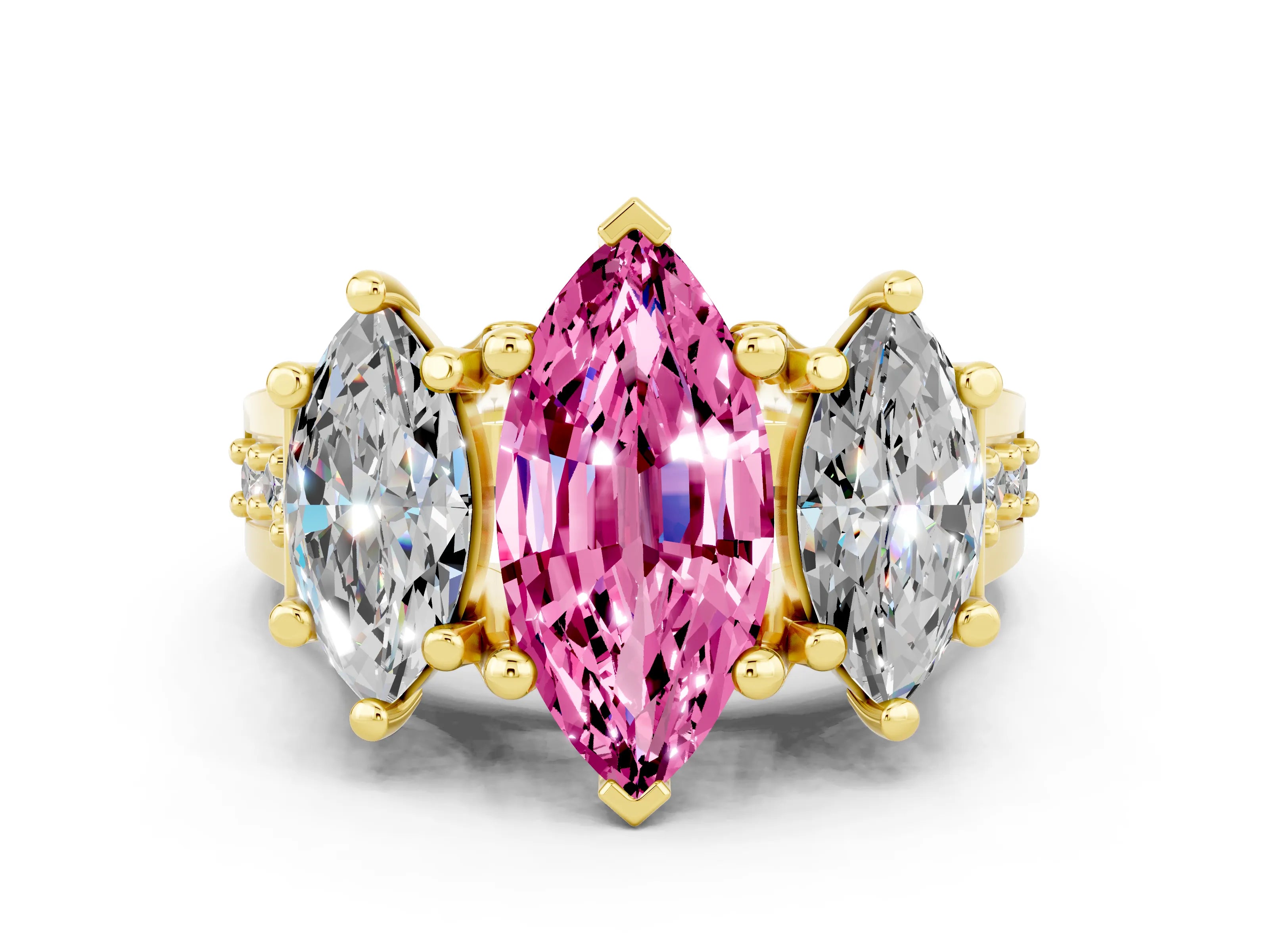 Yellow gold Marquise Cut Pink Sapphire Three-Stone Ring with Channel Set Band and Four-Prong Setting
