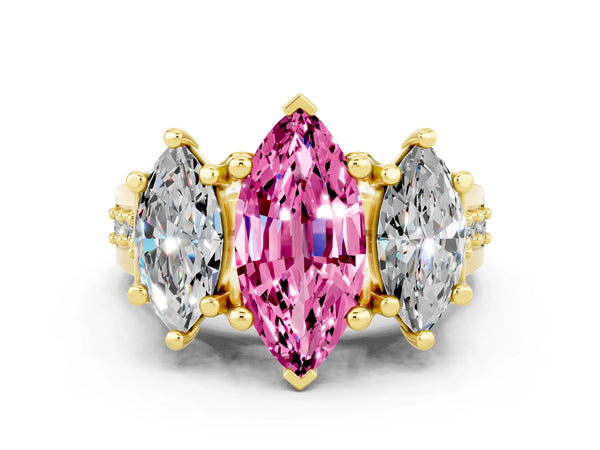 Yellow gold Marquise Cut Pink Sapphire Three-Stone Ring with Channel Set Band and Four-Prong Setting