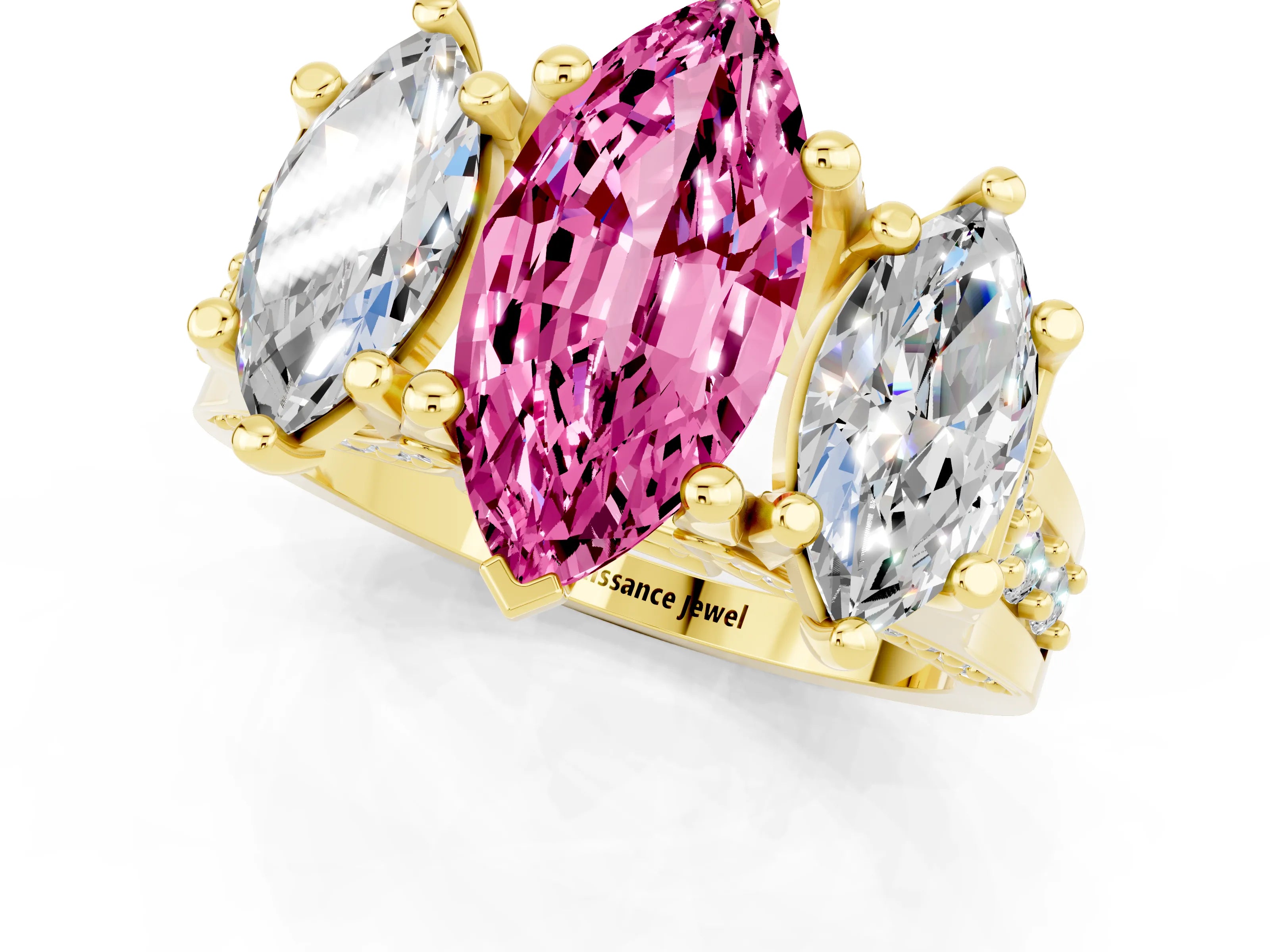 Yellow gold Marquise Cut Pink Sapphire Three-Stone Ring with Channel Set Band and Four-Prong Setting_1