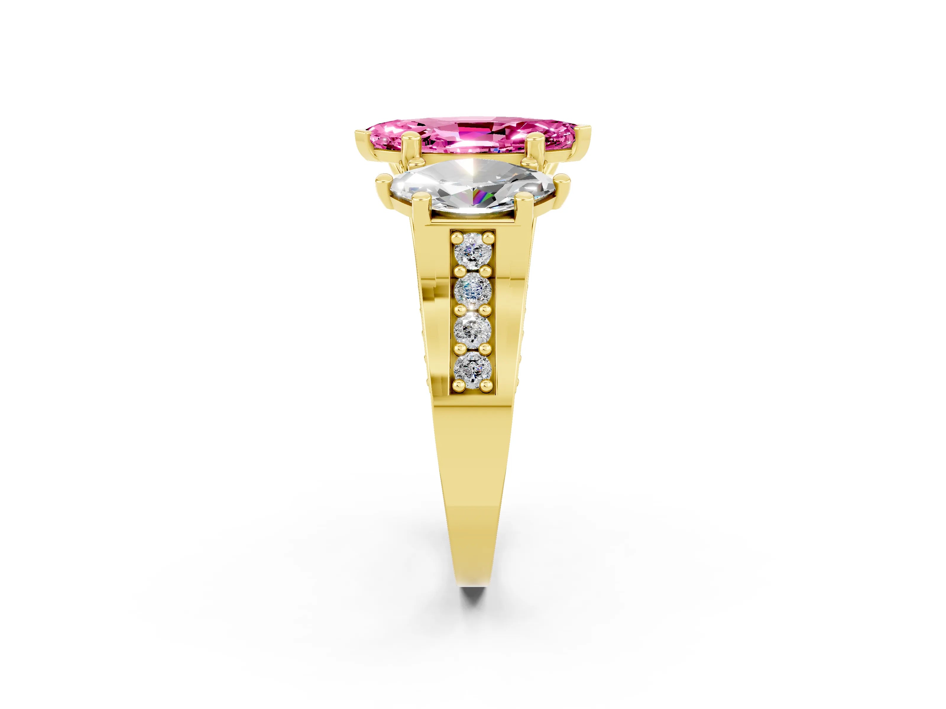 Yellow gold Marquise Cut Pink Sapphire Three-Stone Ring with Channel Set Band and Four-Prong Setting_2
