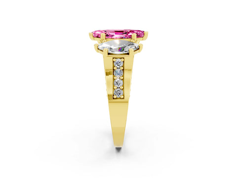 Yellow gold Marquise Cut Pink Sapphire Three-Stone Ring with Channel Set Band and Four-Prong Setting_2