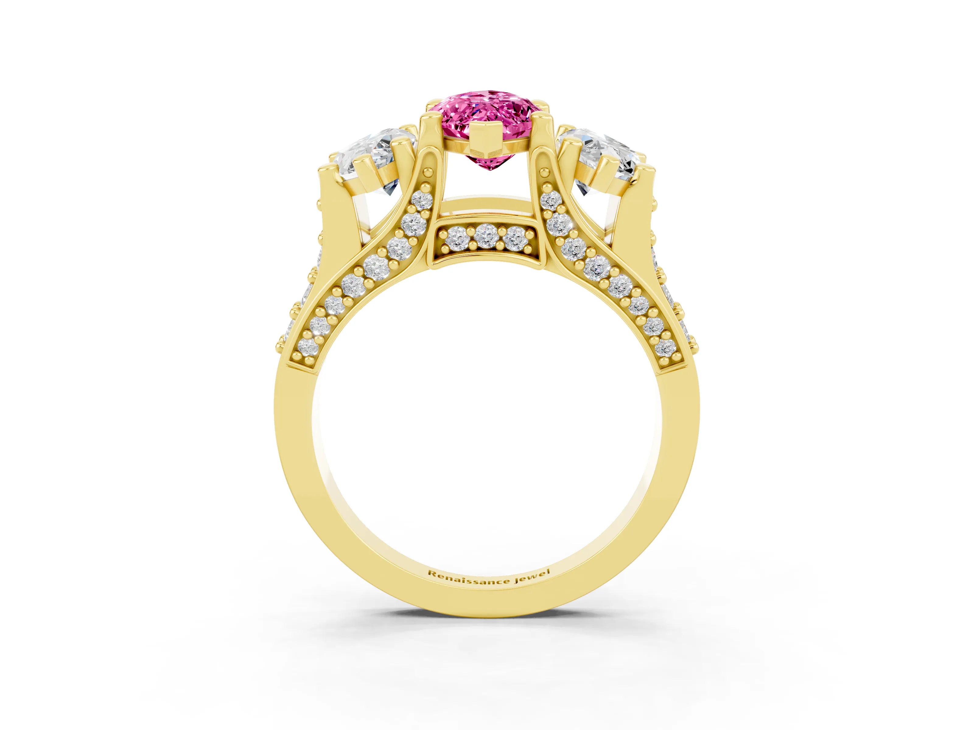Yellow gold Marquise Cut Pink Sapphire Three-Stone Ring with Channel Set Band and Four-Prong Setting_3