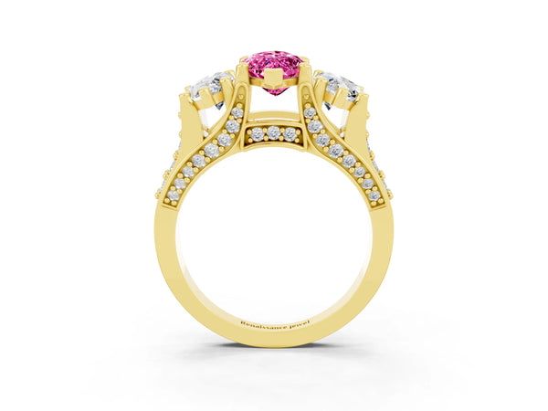Yellow gold Marquise Cut Pink Sapphire Three-Stone Ring with Channel Set Band and Four-Prong Setting