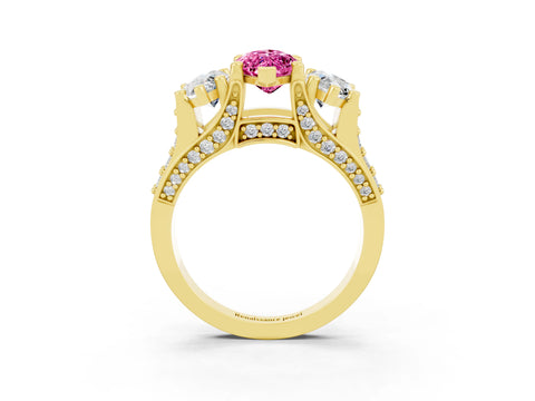 Yellow gold Marquise Cut Pink Sapphire Three-Stone Ring with Channel Set Band and Four-Prong Setting_3