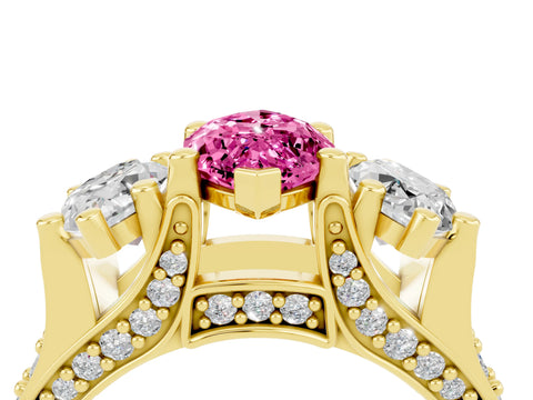 Yellow gold Marquise Cut Pink Sapphire Three-Stone Ring with Channel Set Band and Four-Prong Setting_4