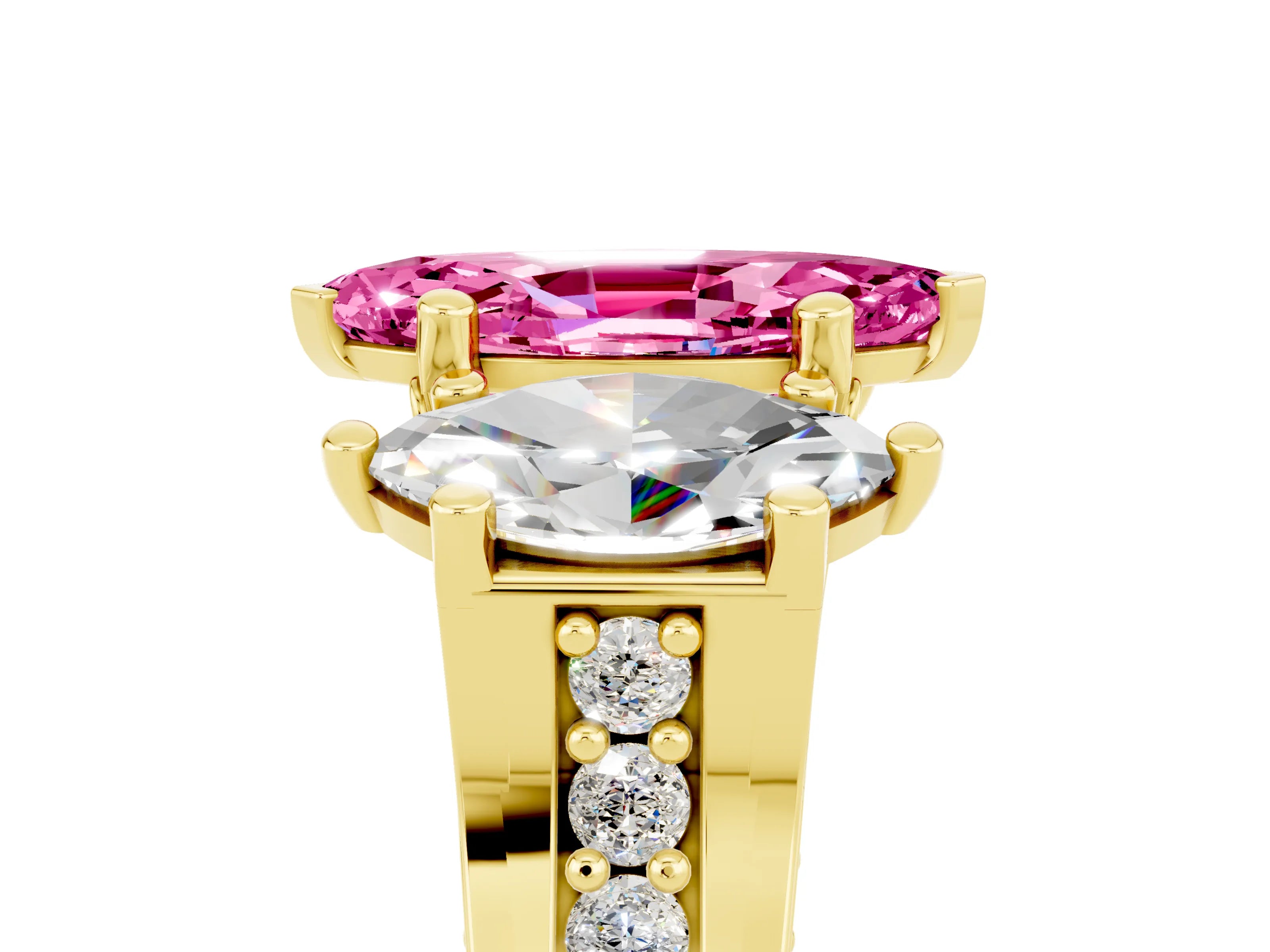 Yellow gold Marquise Cut Pink Sapphire Three-Stone Ring with Channel Set Band and Four-Prong Setting_5