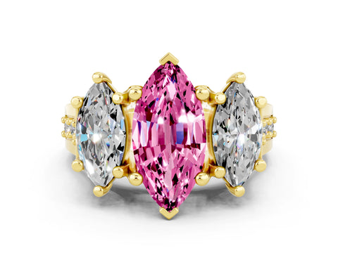 Yellow gold Marquise Cut Pink Sapphire Three-Stone Ring with Channel Set Band and Four-Prong Setting
