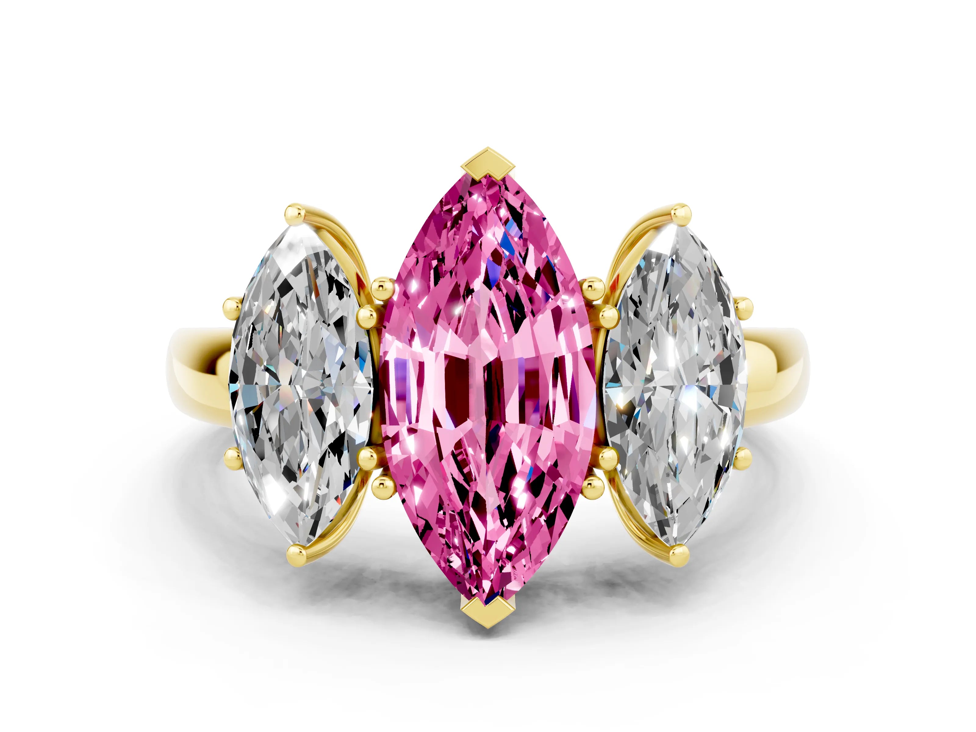 Yellow gold Marquise Cut Pink Sapphire Three-Stone Ring with Four-Prong Setting and Classic Band