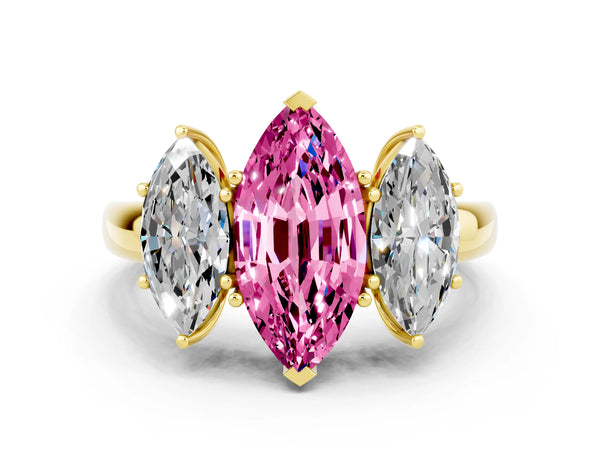 Yellow gold Marquise Cut Pink Sapphire Three-Stone Ring with Four-Prong Setting and Classic Band