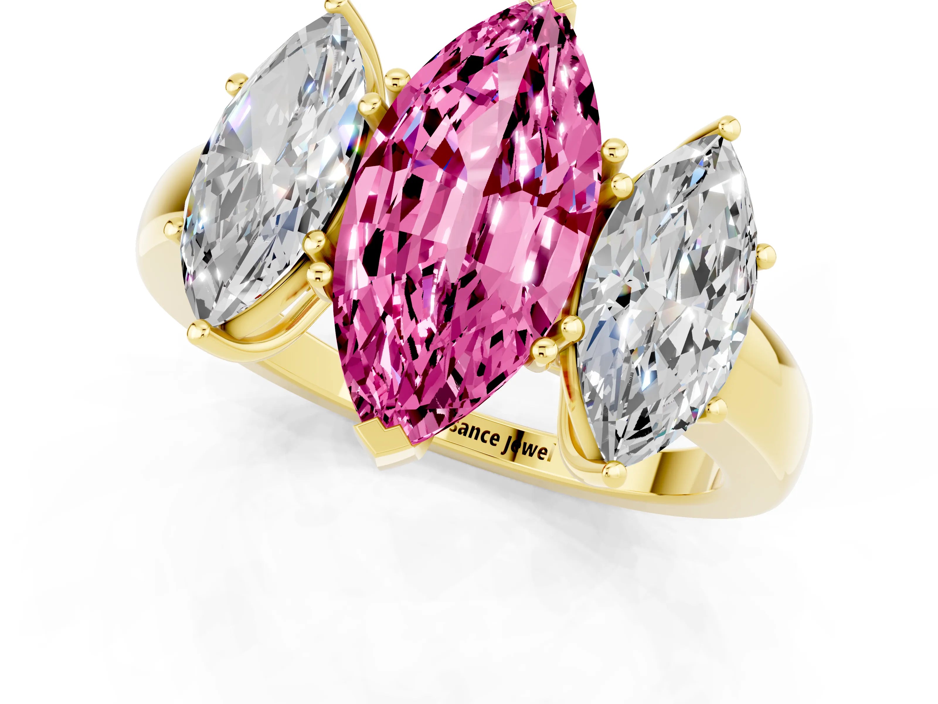 Yellow gold Marquise Cut Pink Sapphire Three-Stone Ring with Four-Prong Setting and Classic Band_1