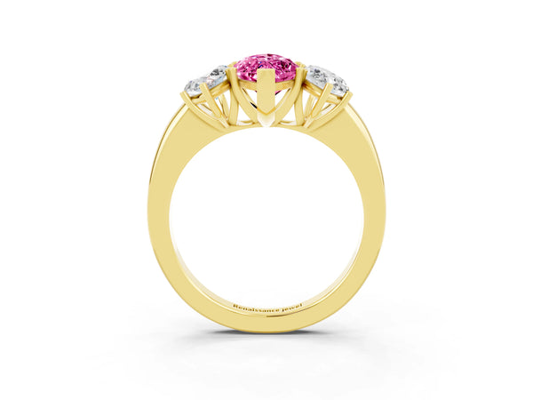 Yellow gold Marquise Cut Pink Sapphire Three-Stone Ring with Four-Prong Setting and Classic Band