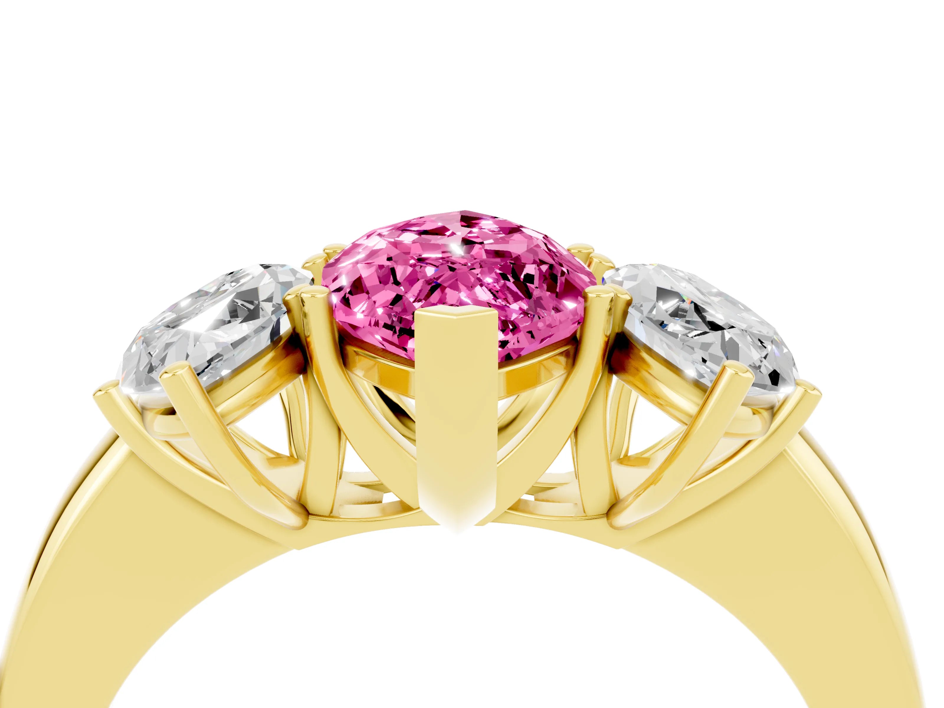 Yellow gold Marquise Cut Pink Sapphire Three-Stone Ring with Four-Prong Setting and Classic Band_4