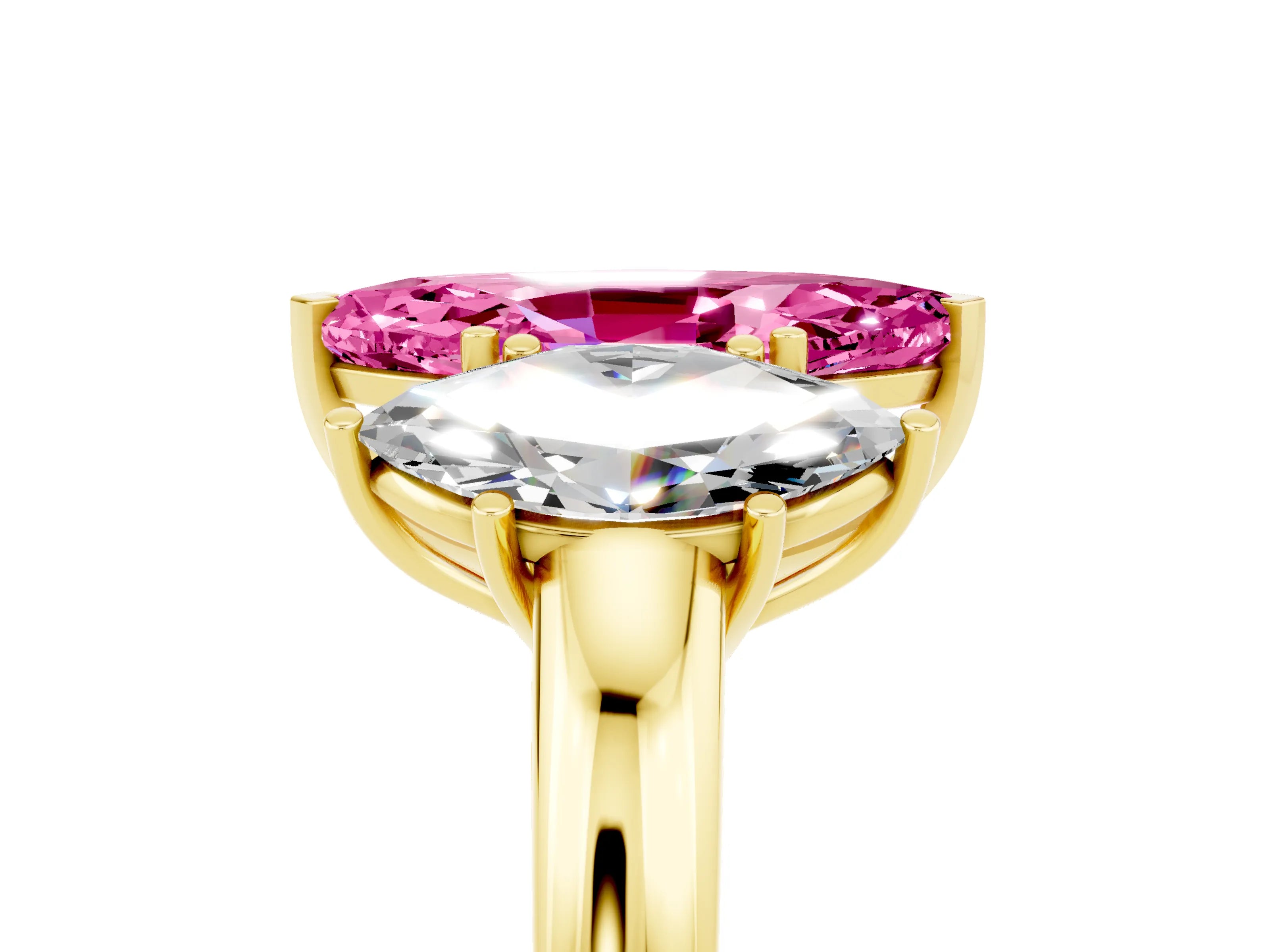 Yellow gold Marquise Cut Pink Sapphire Three-Stone Ring with Four-Prong Setting and Classic Band_5