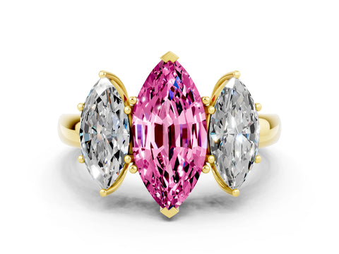 Yellow gold Marquise Cut Pink Sapphire Three-Stone Ring with Four-Prong Setting and Classic Band