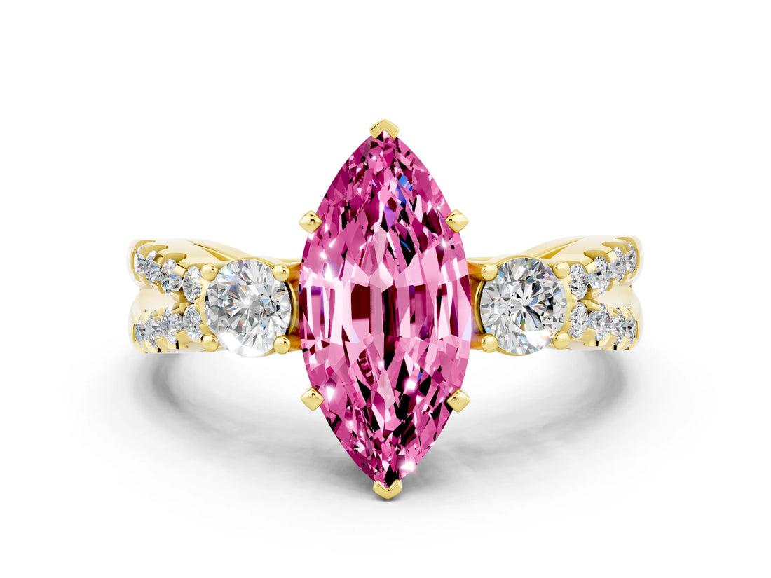 Yellow gold Marquise Cut Pink Sapphire Three-Stone Ring with Pavé Split Shank and Four-Prong Setting_36