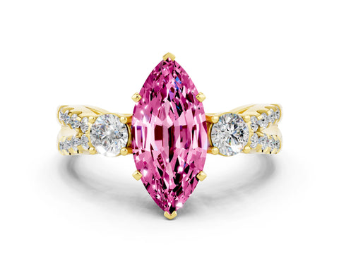 Yellow gold Marquise Cut Pink Sapphire Three-Stone Ring with Pavé Split Shank and Four-Prong Setting_36