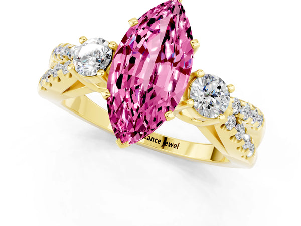 Yellow gold Marquise Cut Pink Sapphire Three-Stone Ring with Pavé Split Shank and Four-Prong Setting