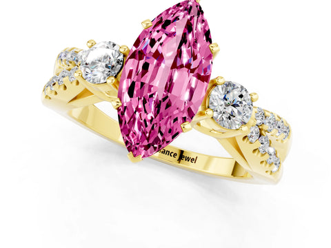Yellow gold Marquise Cut Pink Sapphire Three-Stone Ring with Pavé Split Shank and Four-Prong Setting_37