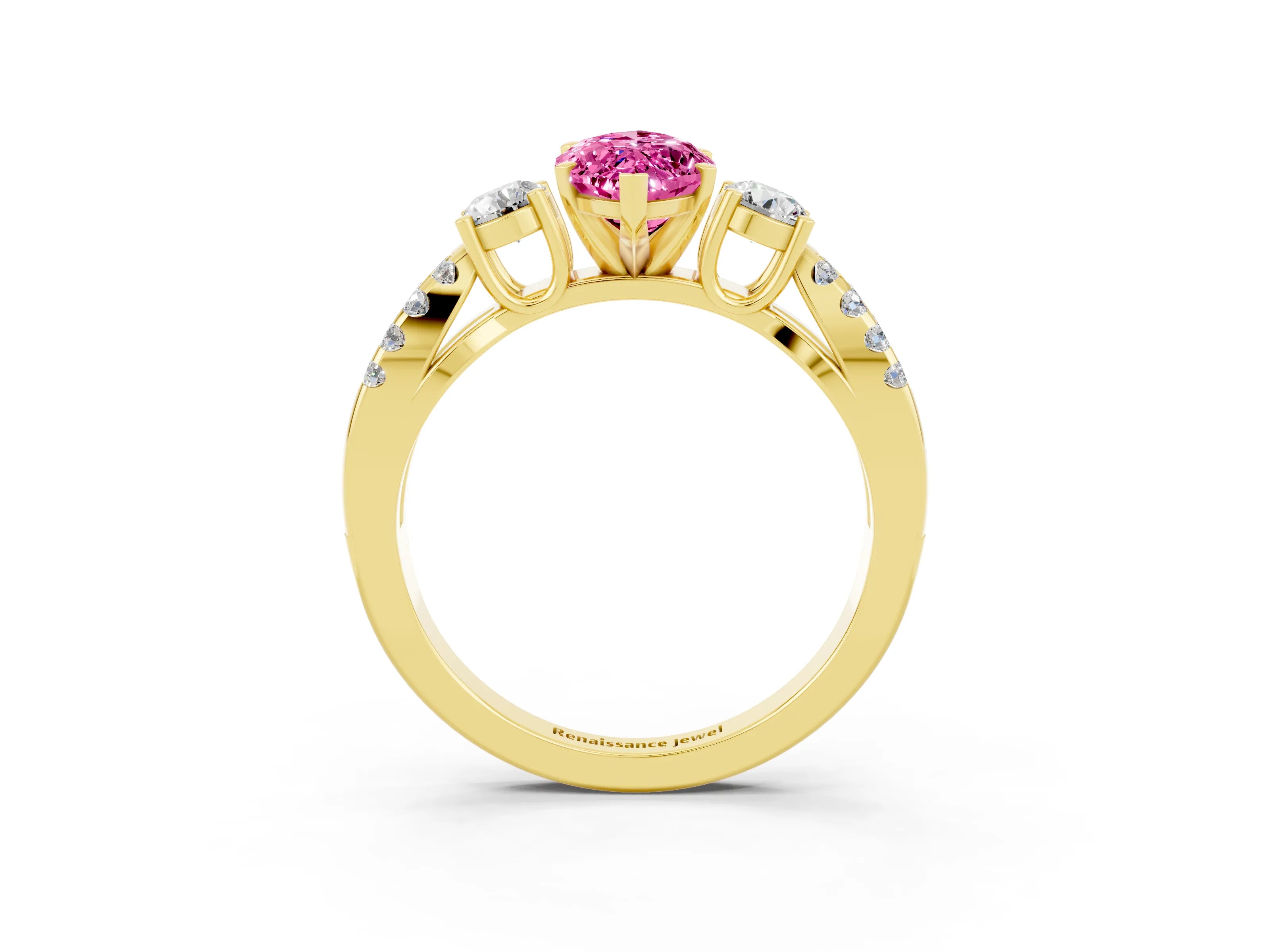 Yellow gold Marquise Cut Pink Sapphire Three-Stone Ring with Pavé Split Shank and Four-Prong Setting_39