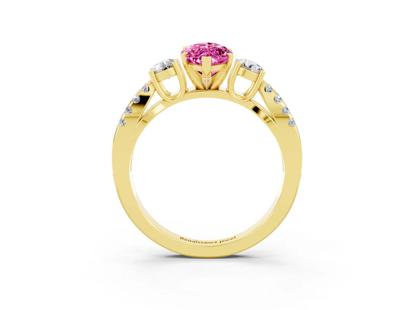 Yellow gold Marquise Cut Pink Sapphire Three-Stone Ring with Pavé Split Shank and Four-Prong Setting