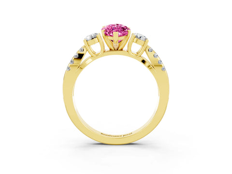 Yellow gold Marquise Cut Pink Sapphire Three-Stone Ring with Pavé Split Shank and Four-Prong Setting_39
